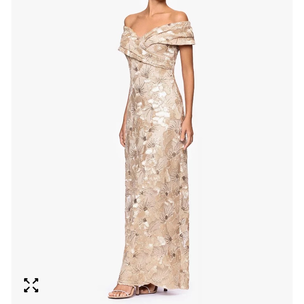 Betsy & Adam Floral Soutache Off The Shoulder Sleeveless Gown